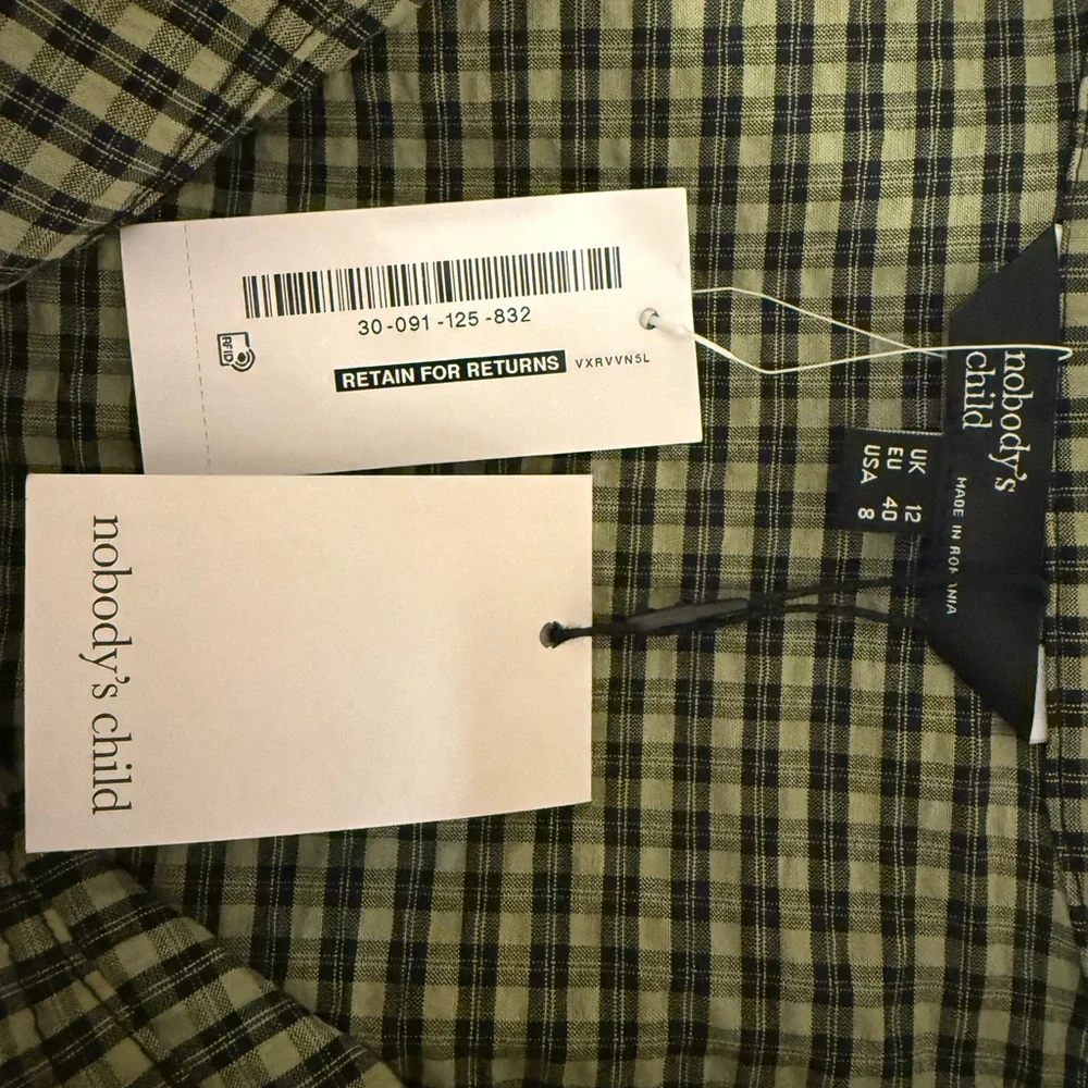 NWT Nobody’s Child Olive Green Gingham Puff Sleeve Dress - Picture 3 of 4